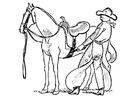 Målarbild cowboy som lägger pÃ¥ en sadel