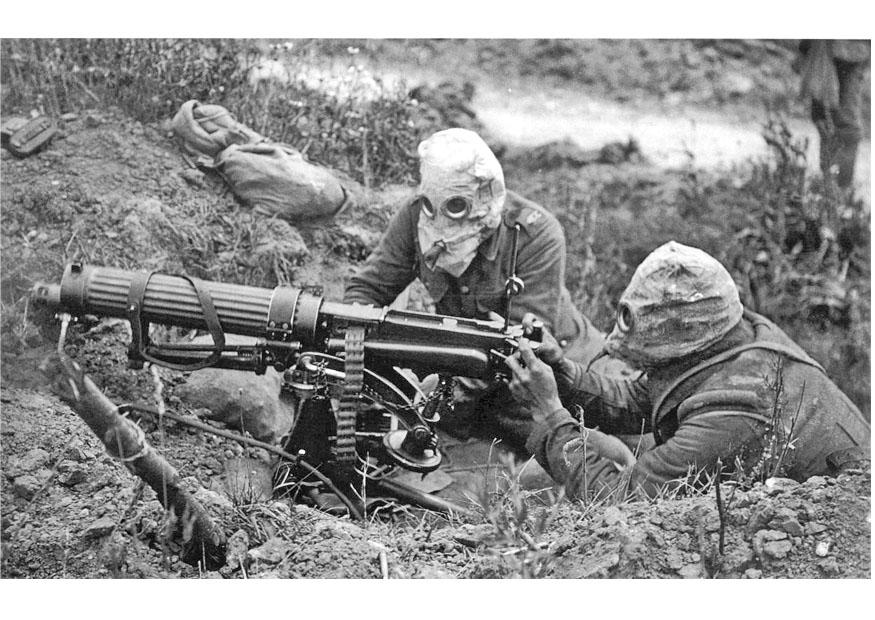 Foto soldat med maskingevÃ¤r och gasmask