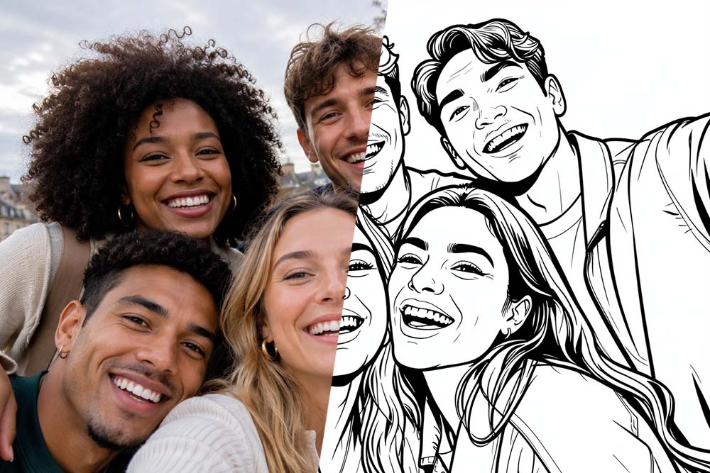 Gruppfoto med vänner omgjort till en målarbild