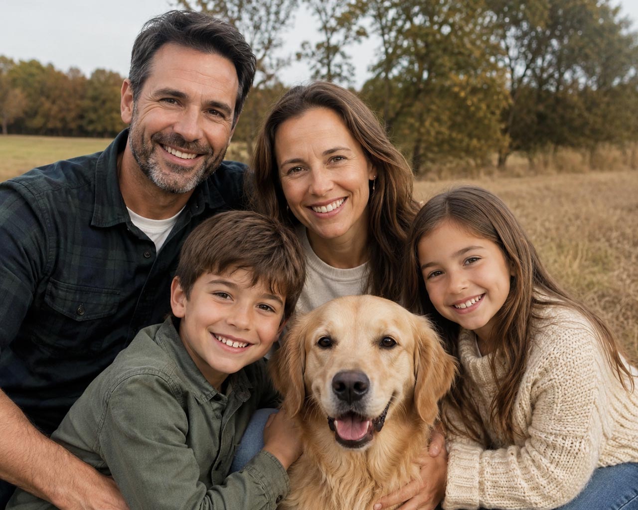 Originalt färgfoto av en familj med hund