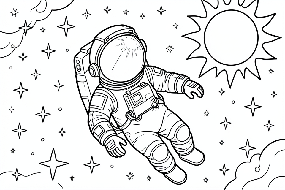 Målarbild astronaut i rymden med stjA¤rnor och solen