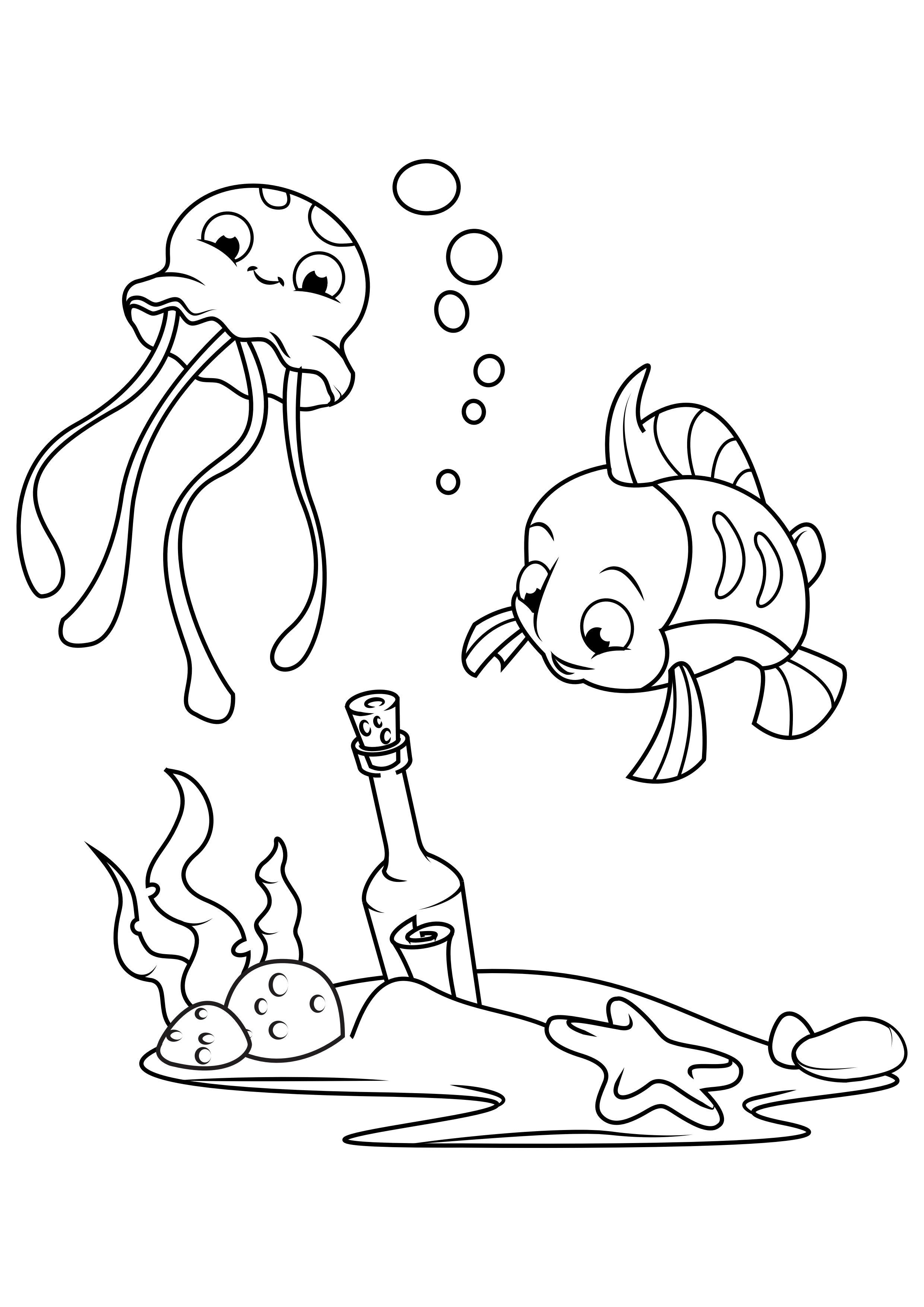 blA¤ckfisk och fisk med flaska Målarbild blA¤ckfisk och fisk med flaska