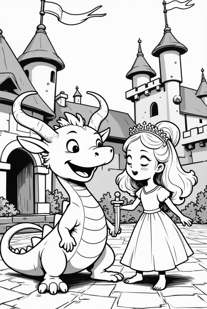 Målarbild drake med prinsessan