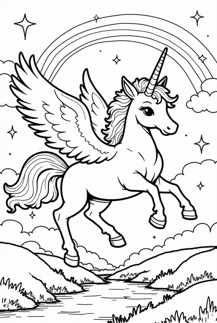 enhA¶rning flyger genom himlen med regnbA¥ge Målarbild enhA¶rning flyger genom himlen med regnbA¥ge