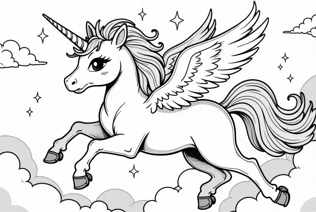 Målarbild enhA¶rning som flyger genom himlen