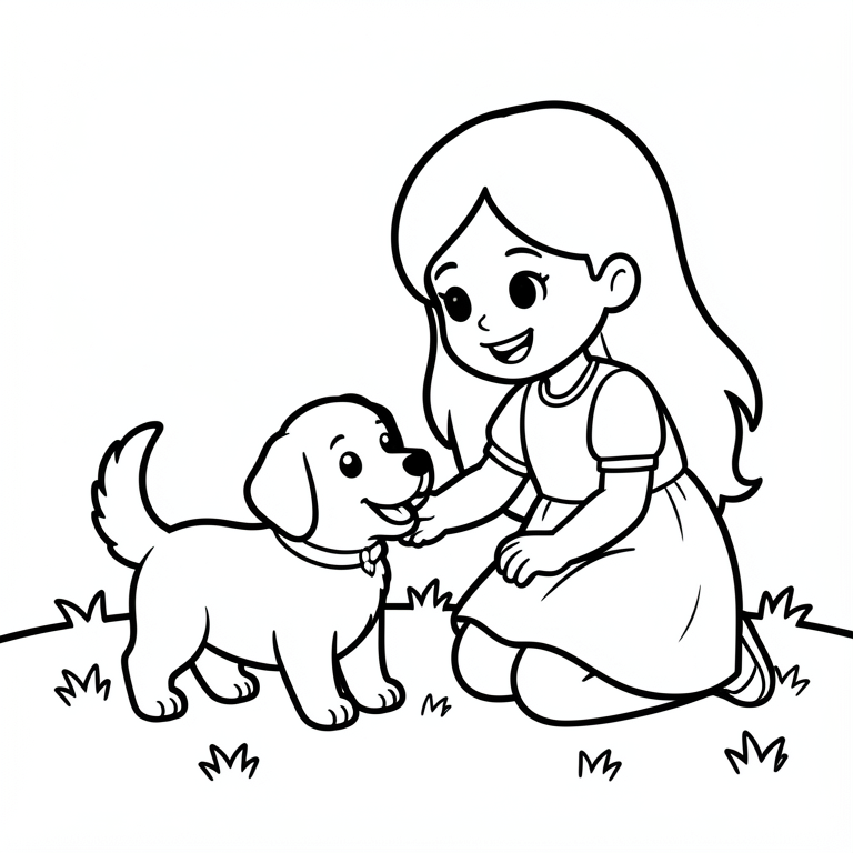 Målarbild flicka leker med hund