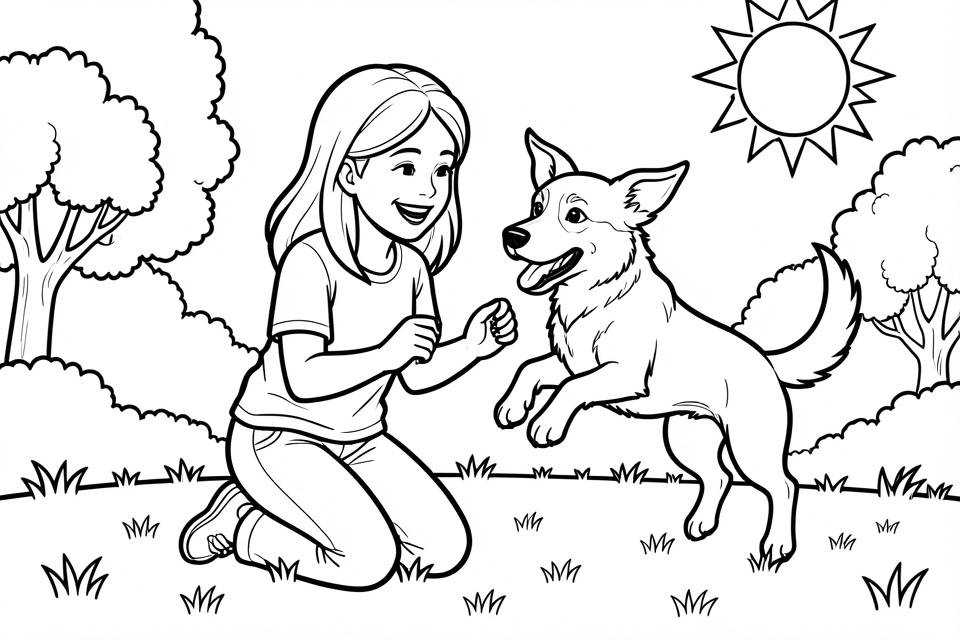 flicka leker med sin hund Målarbild flicka leker med sin hund