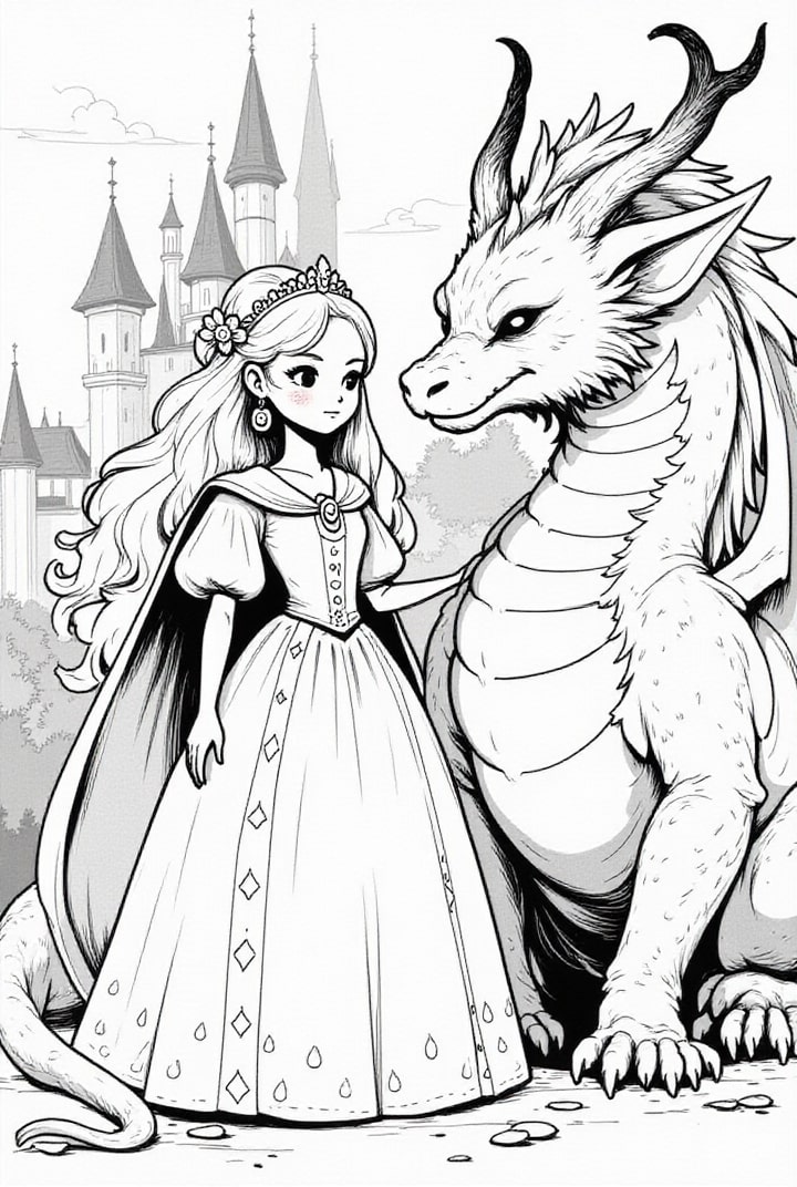 Målarbild modig prinsessa med sin drake