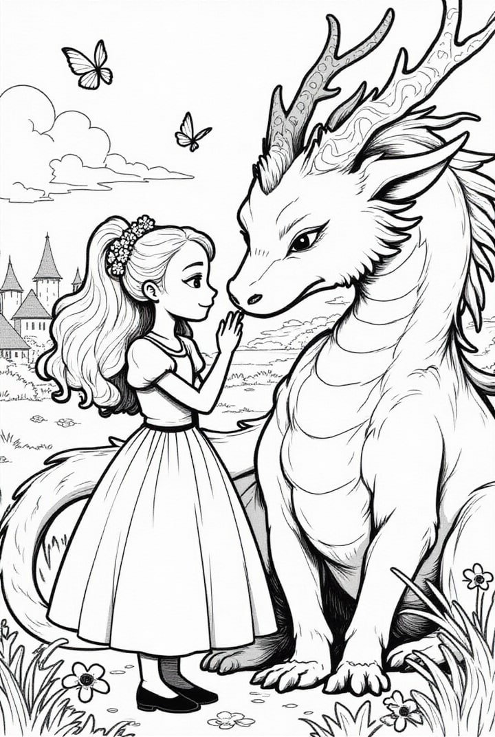 Målarbild prinsessa med sin drakevA¤n