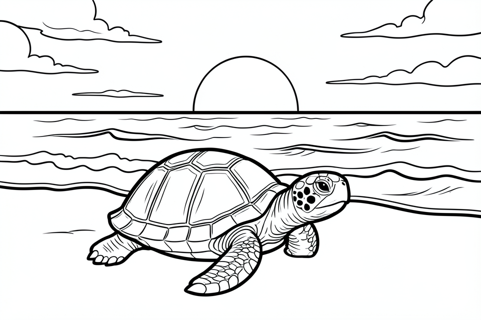 skA¶ldpadda pA¥ stranden med en vacker solnedgA¥ng Målarbild skA¶ldpadda pA¥ stranden med en vacker solnedgA¥ng