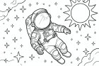 malarbild astronaut i rymden med stjärnor och solen