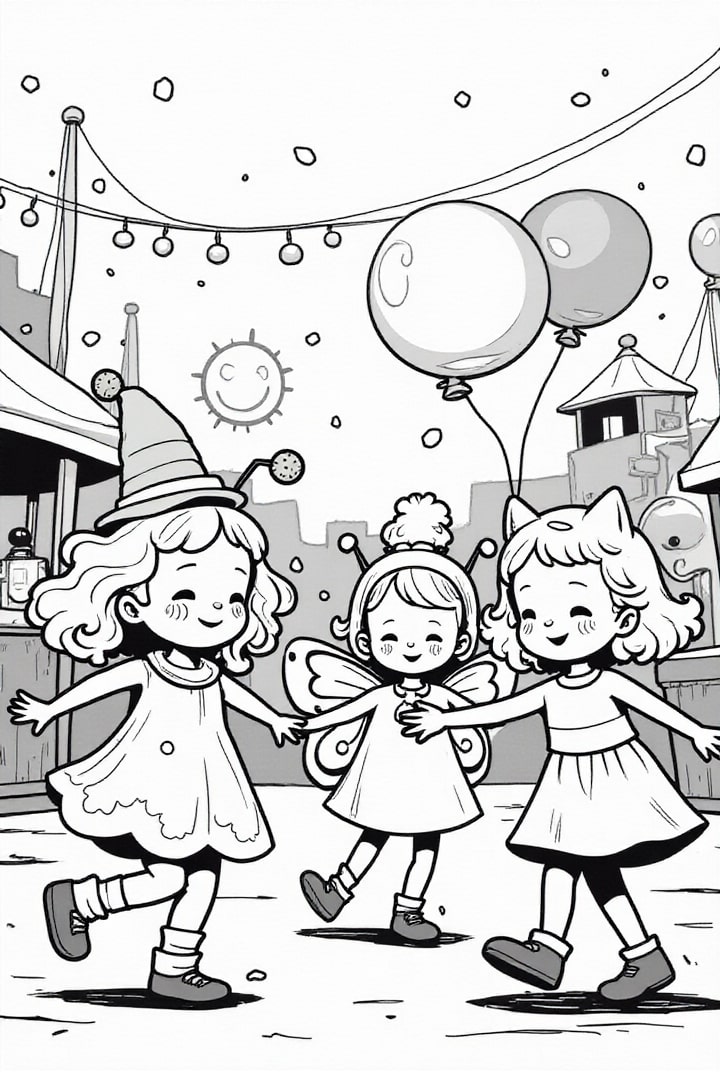 barn med ballonger som firar karneval