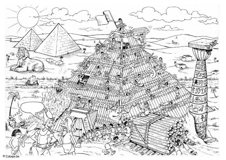 Målarbild byggande av en pyramid
