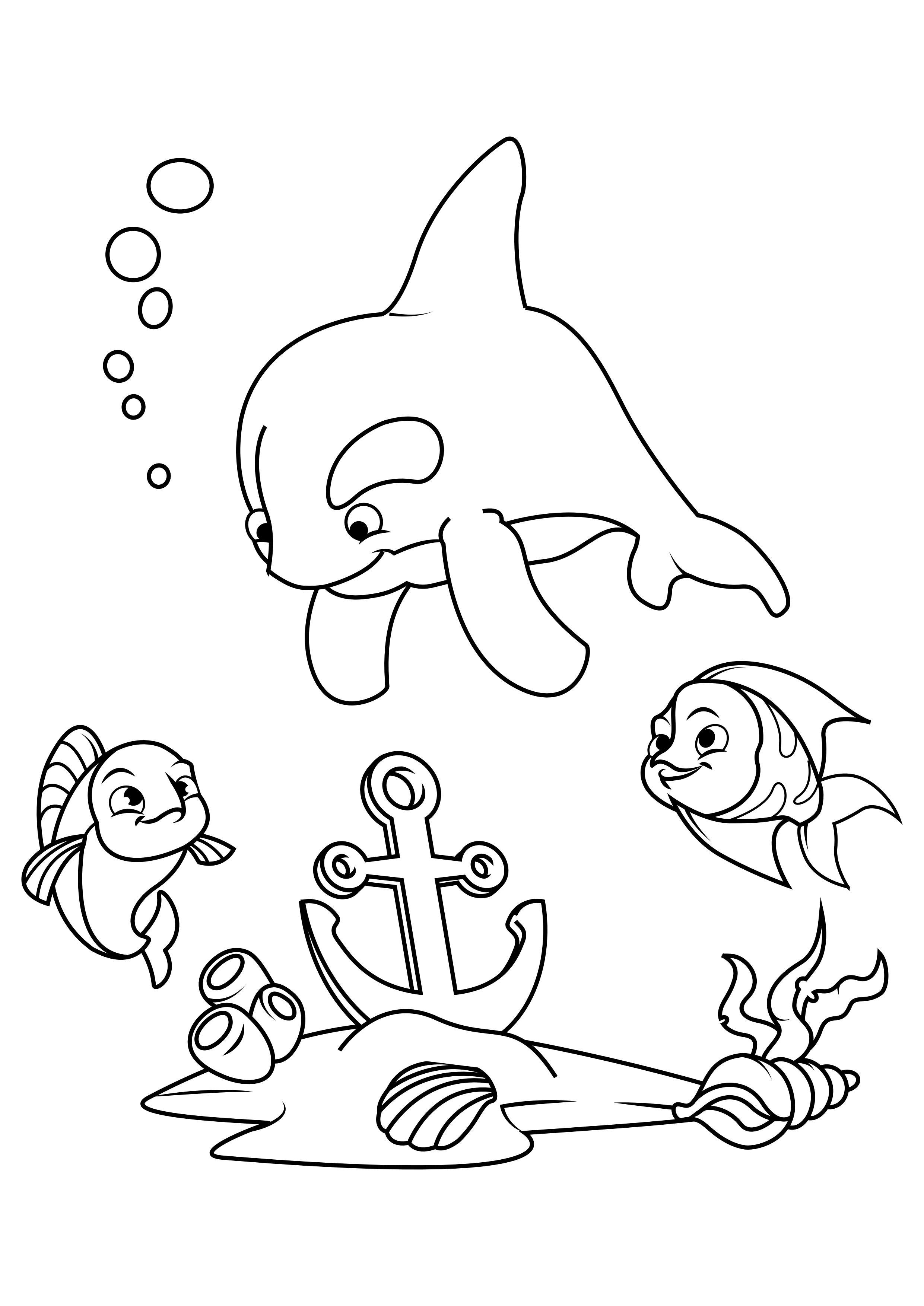 Målarbild delfin och fisk med ankare