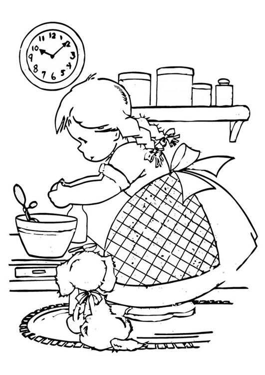 Målarbild en flicka som lagar mat