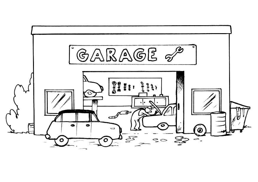 Målarbild garage med textad skylt