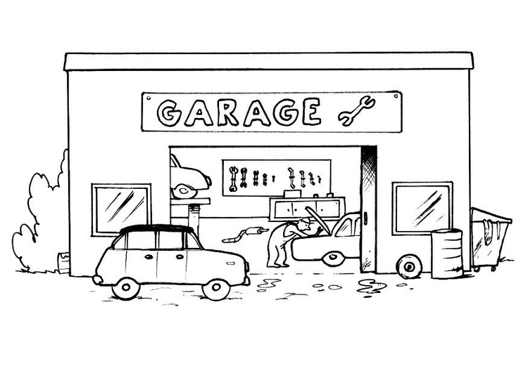 Målarbild garage med textad skylt