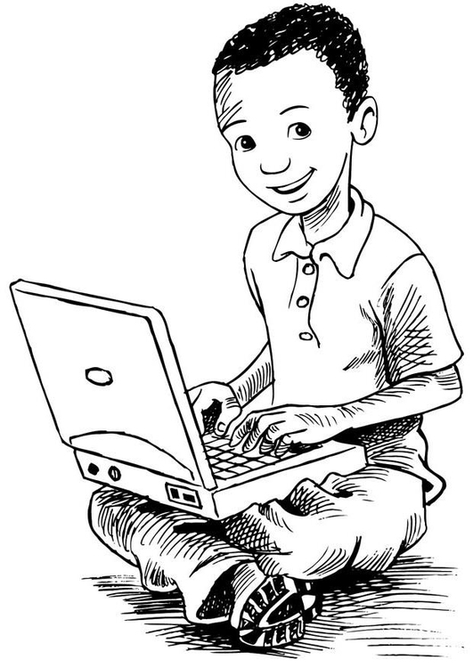 Målarbild pojke pÃ¥ den bÃ¤rbara datorn
