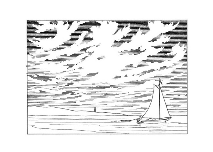 Målarbild segelbÃ¥t vid kusten