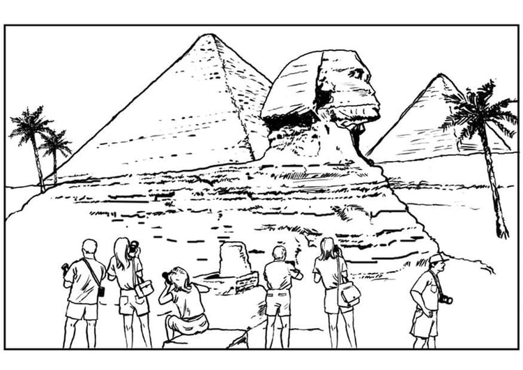 Målarbild sfinx vid pyramid i Egypten