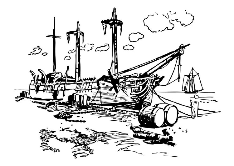 Målarbild skepp i hamn