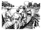 tre män i en båt